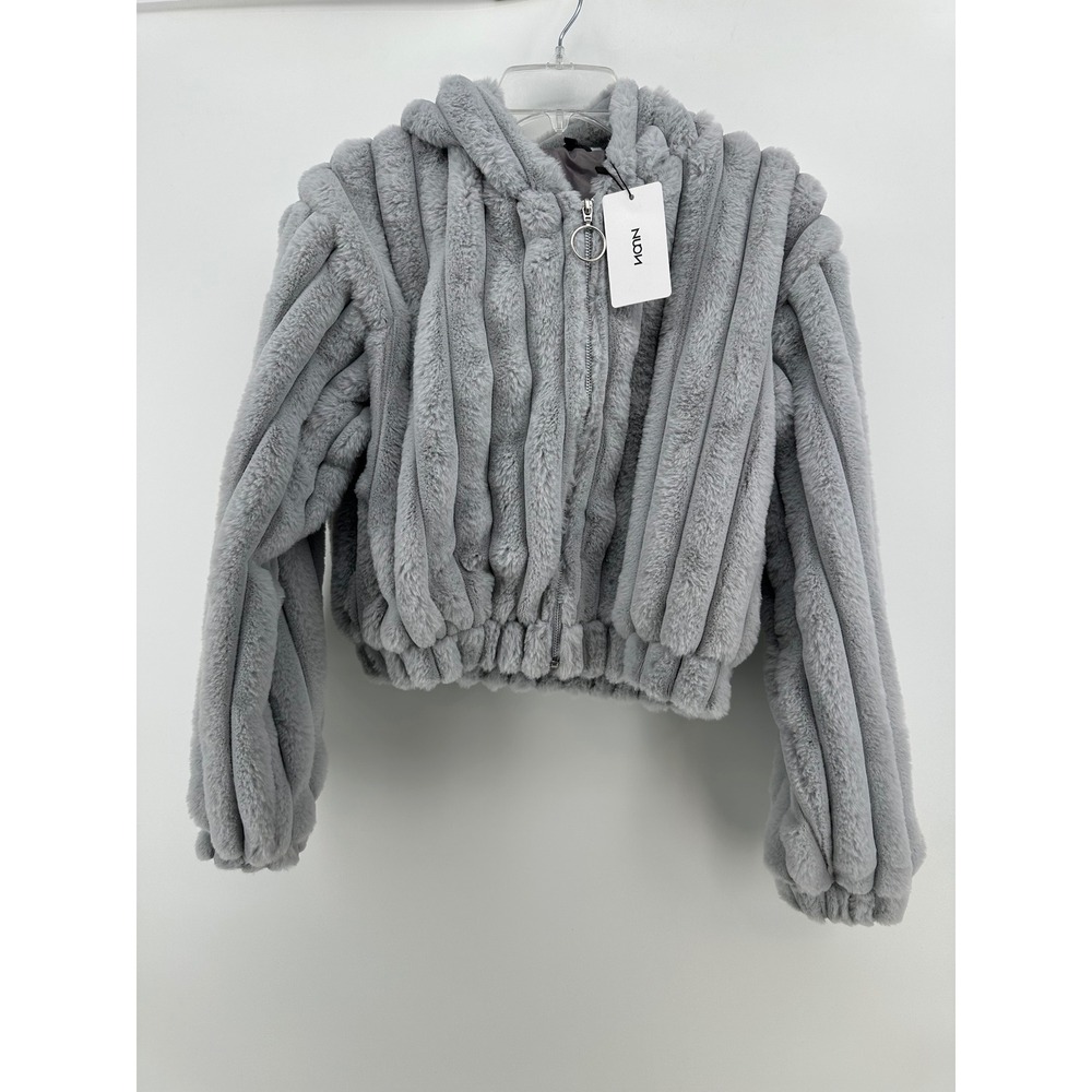 Nuon Westside Silver Grey Ribbed Faux Fur Cropped Hooded Jacket Size M NEW
